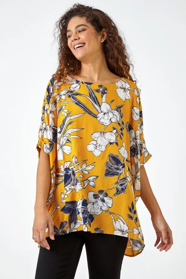 Yellow Floral Print Button Back Top Women Roman Tops