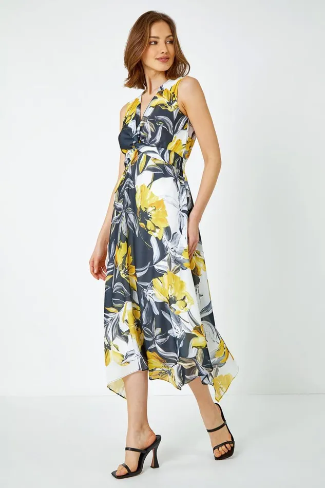 Yellow Floral Print Twist Front Chiffon Midi Dress Women Roman Dresses
