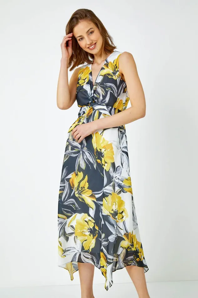 Yellow Floral Print Twist Front Chiffon Midi Dress Women Roman Dresses