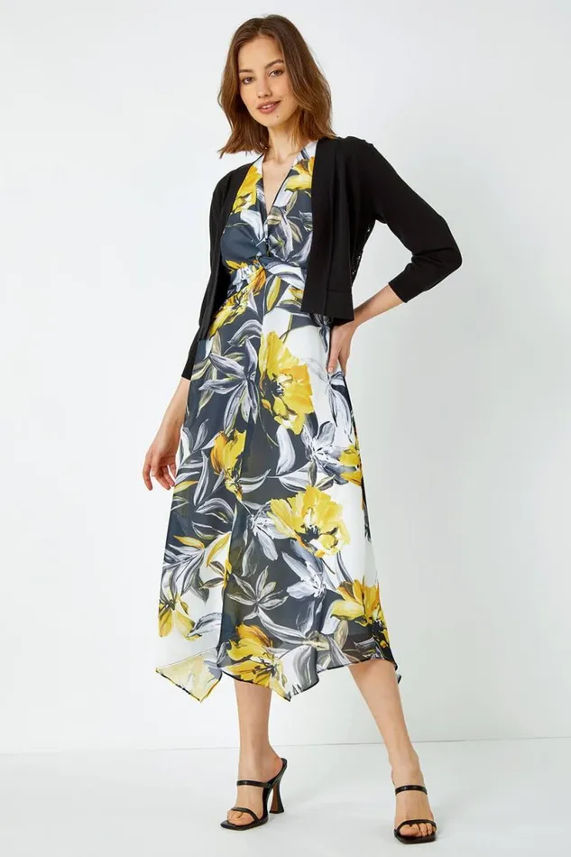 Yellow Floral Print Twist Front Chiffon Midi Dress Women Roman Dresses