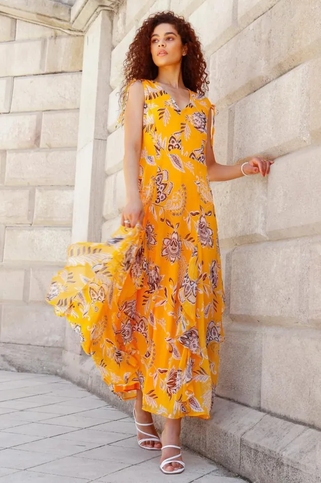 Yellow Sleeveless Floral Frill Maxi Dress Women Roman Dresses