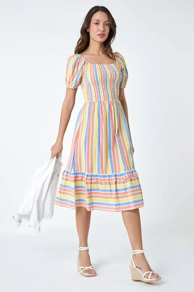 Yellow Stripe Shirred Puff Sleeve Cotton Dress Women Roman Dresses
