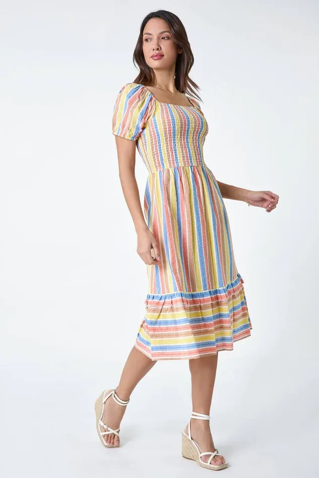 Yellow Stripe Shirred Puff Sleeve Cotton Dress Women Roman Dresses