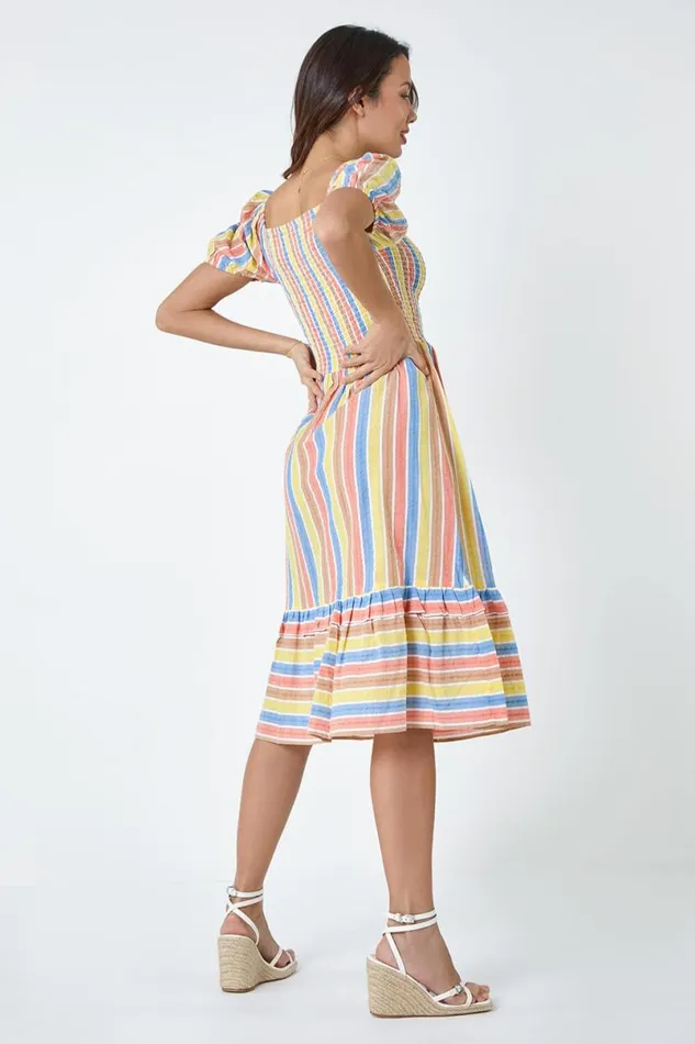 Yellow Stripe Shirred Puff Sleeve Cotton Dress Women Roman Dresses