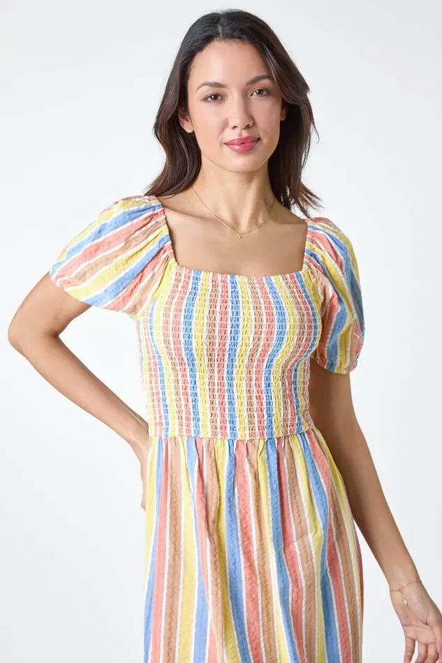 Yellow Stripe Shirred Puff Sleeve Cotton Dress Women Roman Dresses