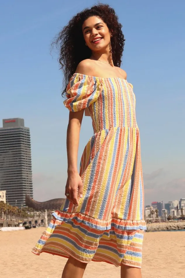 Yellow Stripe Shirred Puff Sleeve Cotton Dress Women Roman Dresses